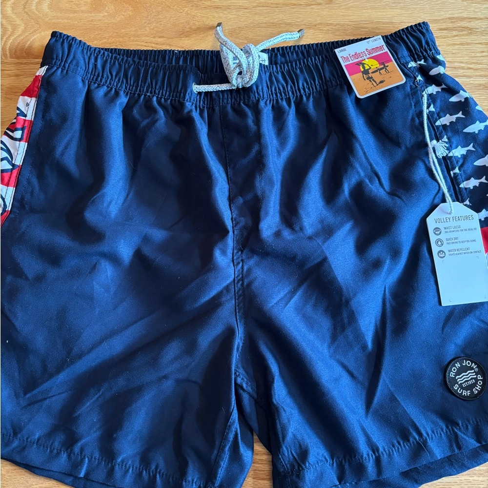 The Endless Summer Ron Jon Surf Shop Red, White, Blue Board Shorts L 17” NWT